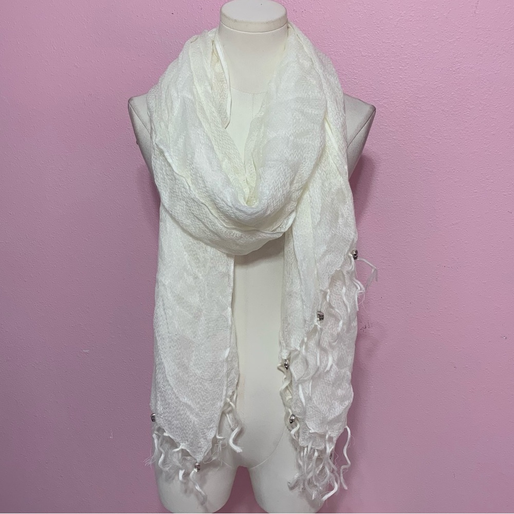 White Gauze Scarf with Silver Skull Beads